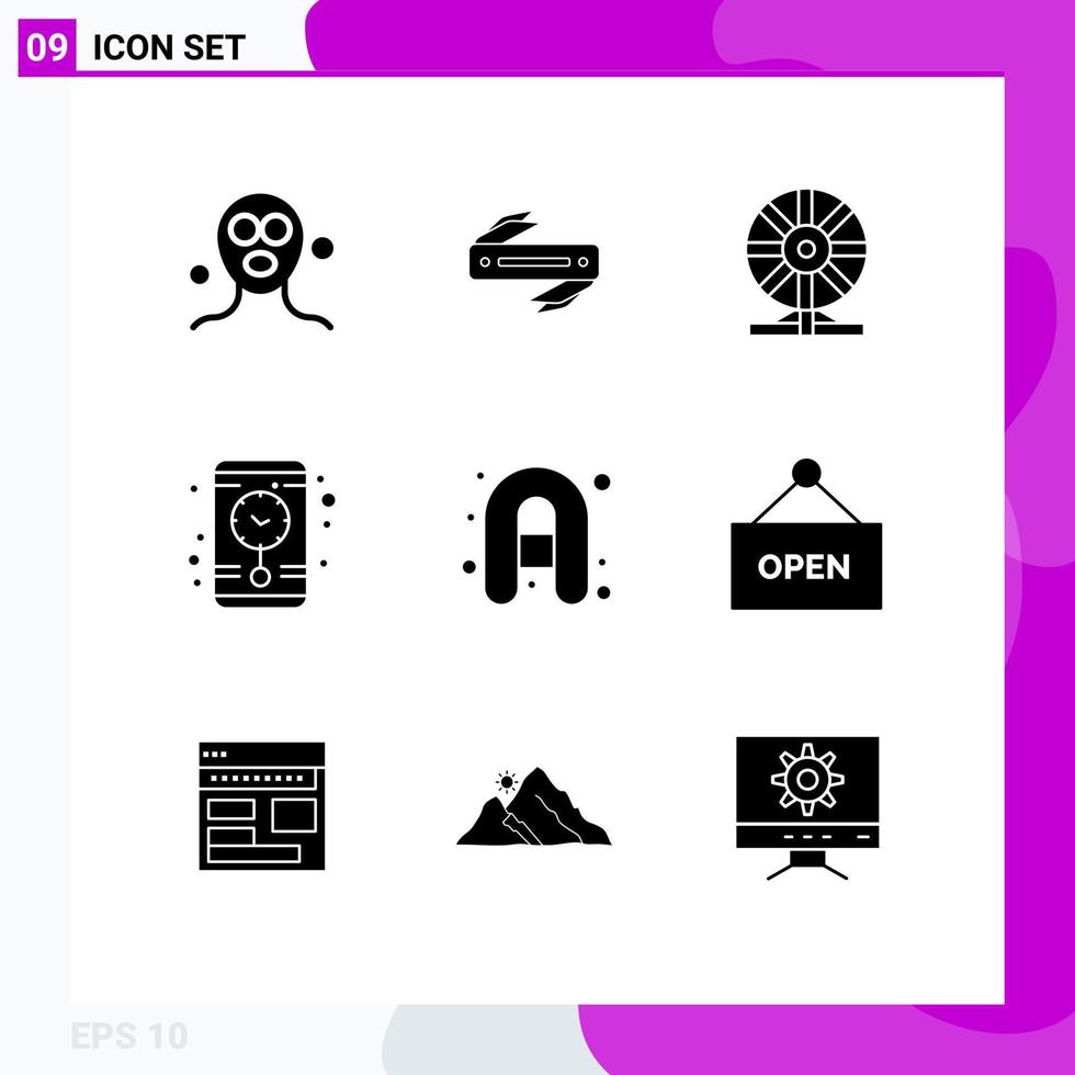 User Interface Pack of 9 Basic Solid Glyphs of camping wall clock biochemistry time motion Editable Vector Design Elements