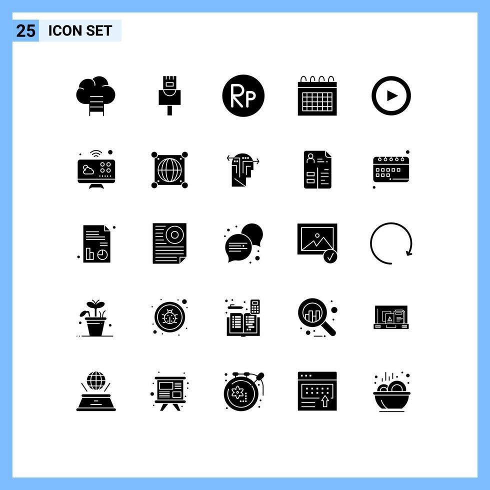 conjunto de pictogramas de 25 glifos sólidos simples del conjunto de calendario de comunicaciones del monitor elementos básicos de diseño de vectores editables