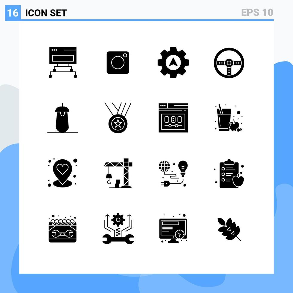 Mobile Interface Solid Glyph Set of 16 Pictograms of eggplant brinjal navigation wheel device Editable Vector Design Elements