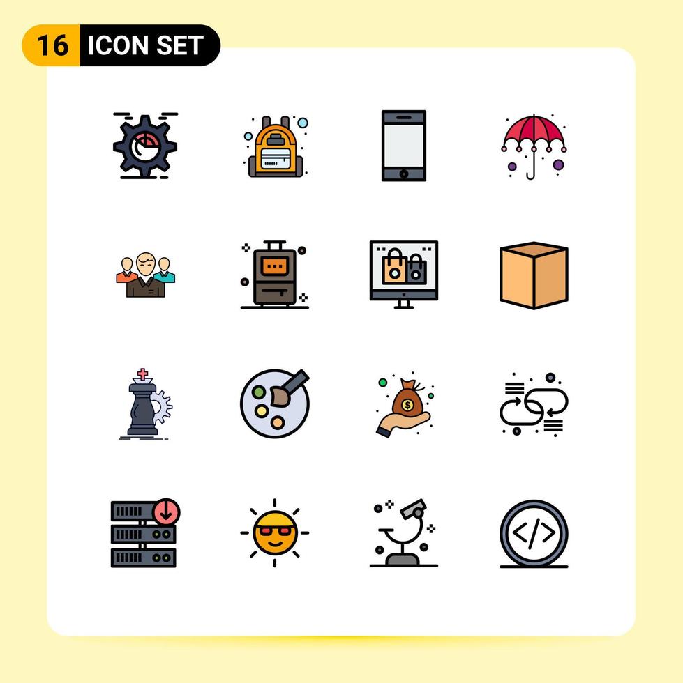 16 concepto de línea llena de color plano para sitios web móviles y aplicaciones equipo de ceo dispositivo paraguas gras elementos de diseño de vectores creativos editables