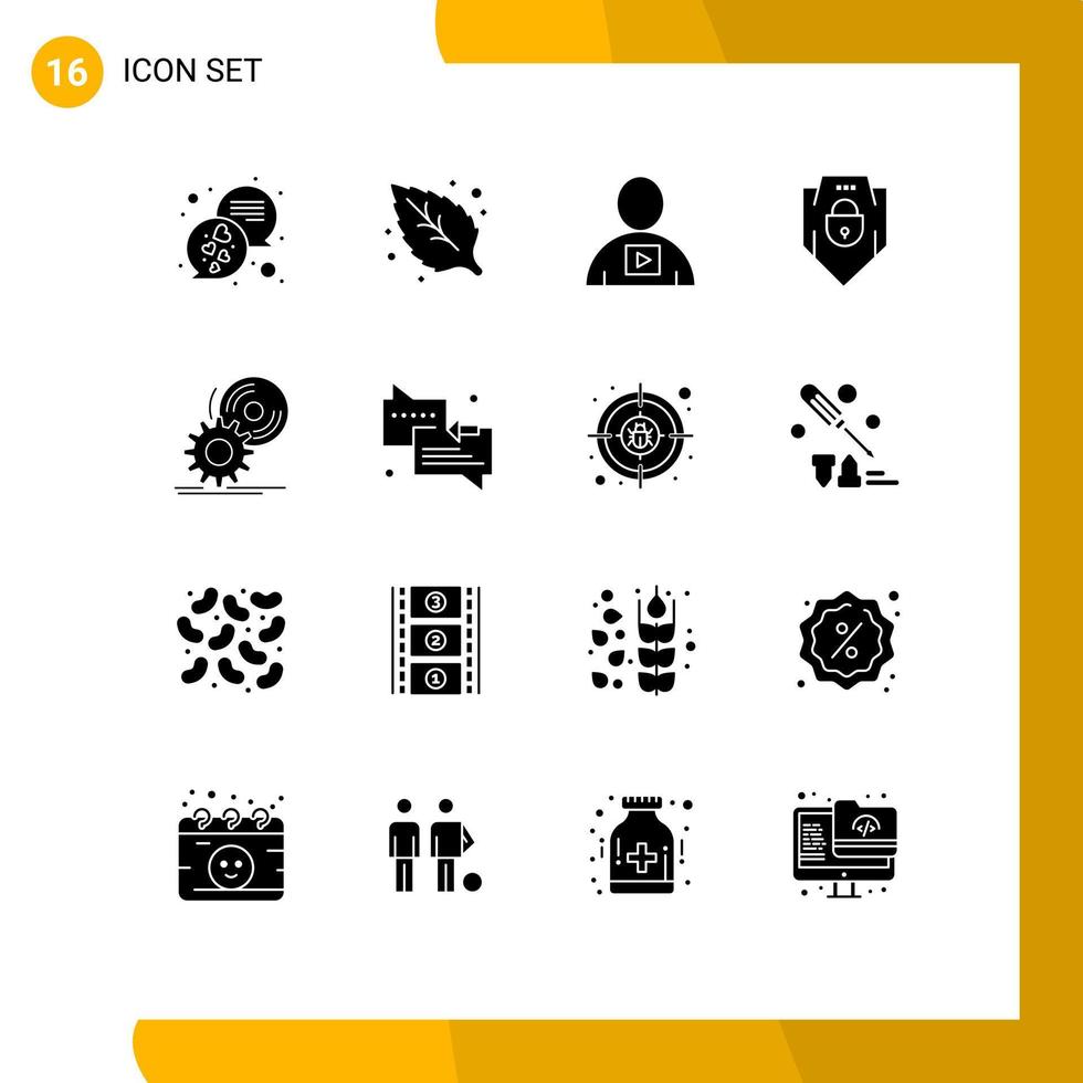 Group of 16 Solid Glyphs Signs and Symbols for disc web security body shield internet Editable Vector Design Elements