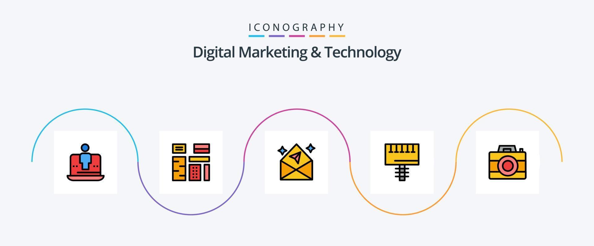 Digital Marketing And Technology Line Filled Flat 5 Icon Pack Including signboard. advertising. native. ad. mail vector