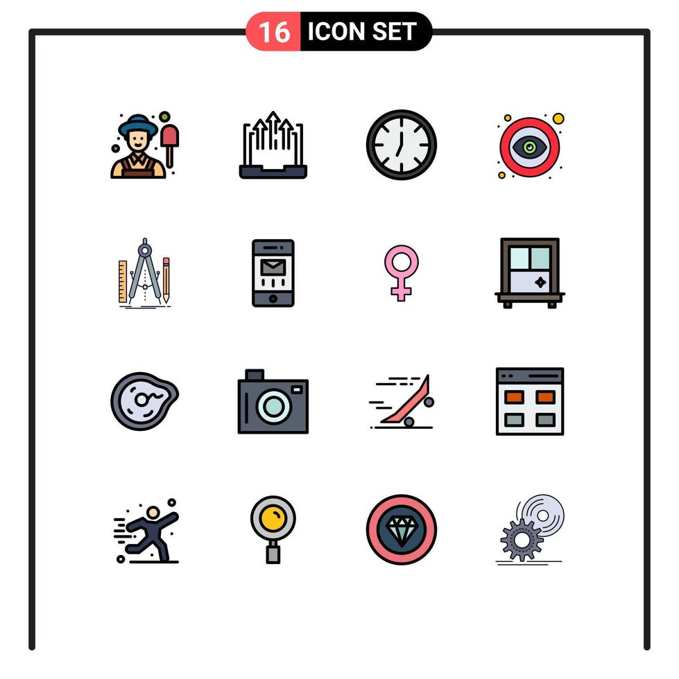 Modern Set of 16 Flat Color Filled Lines Pictograph of geometry build clock visible open Editable Creative Vector Design Elements