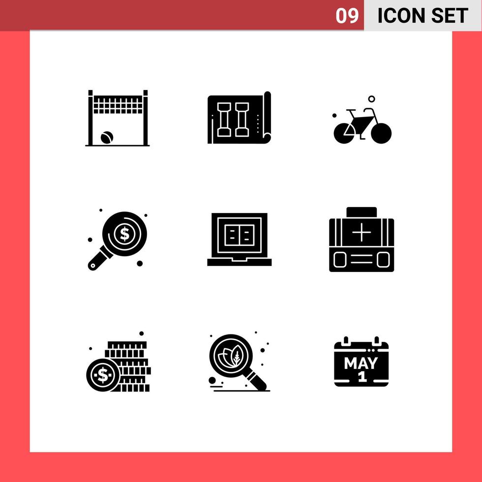 9 Thematic Vector Solid Glyphs and Editable Symbols of education investment bicycle search find Editable Vector Design Elements