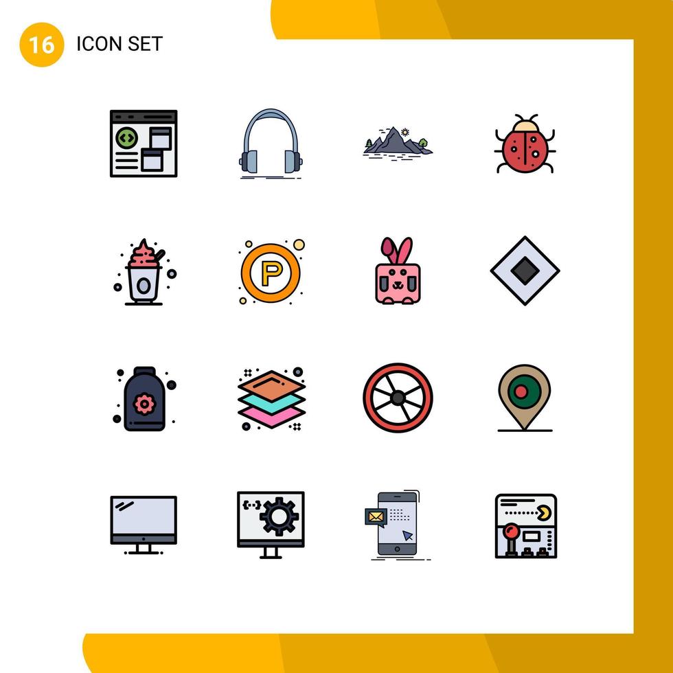 Mobile Interface Flat Color Filled Line Set of 16 Pictograms of ladybug cute monitor tree landscape Editable Creative Vector Design Elements