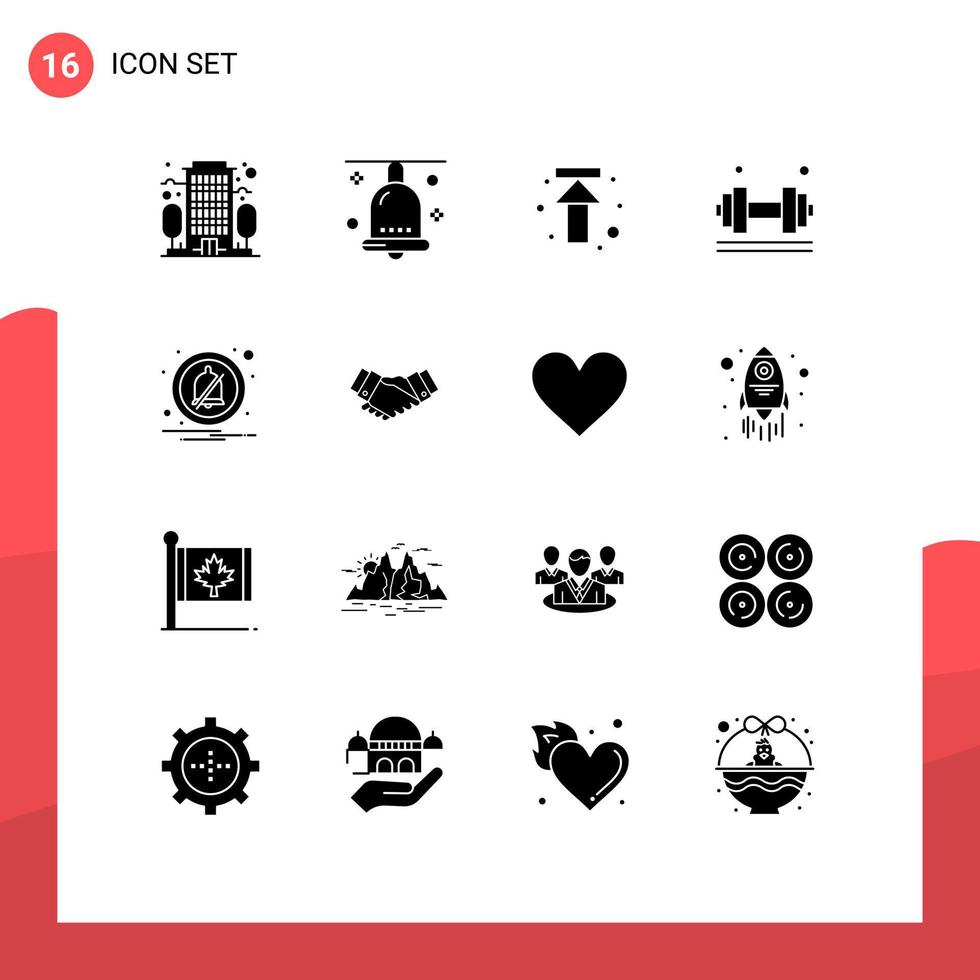 Pack of 16 creative Solid Glyphs of alarm gym arrow exercise dumbell Editable Vector Design Elements