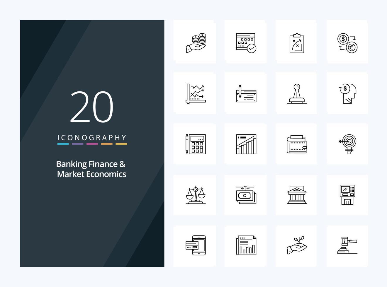 20 finanzas bancarias y economía de mercado icono de esquema para presentación vector