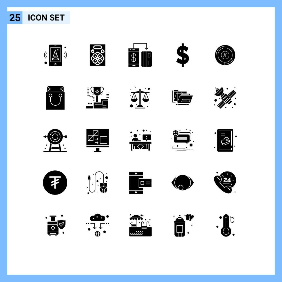Set of 25 Commercial Solid Glyphs pack for chart pie digital money currency Editable Vector Design Elements