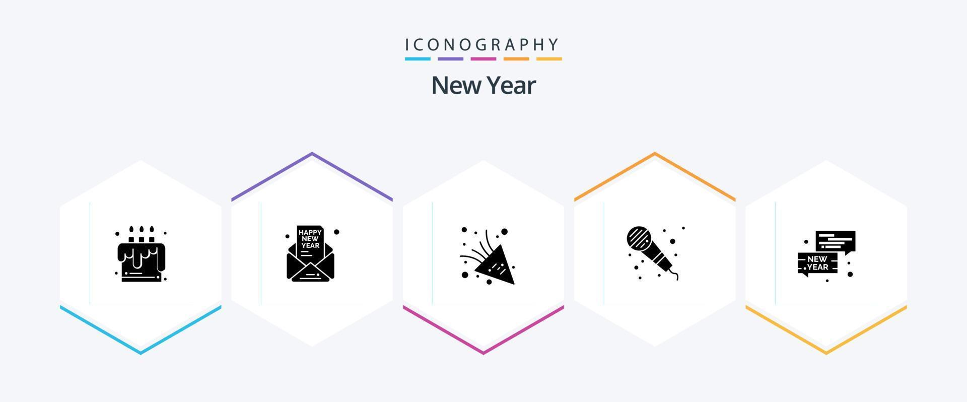 New Year 25 Glyph icon pack including conversation. bubble. party. microphone. audio vector