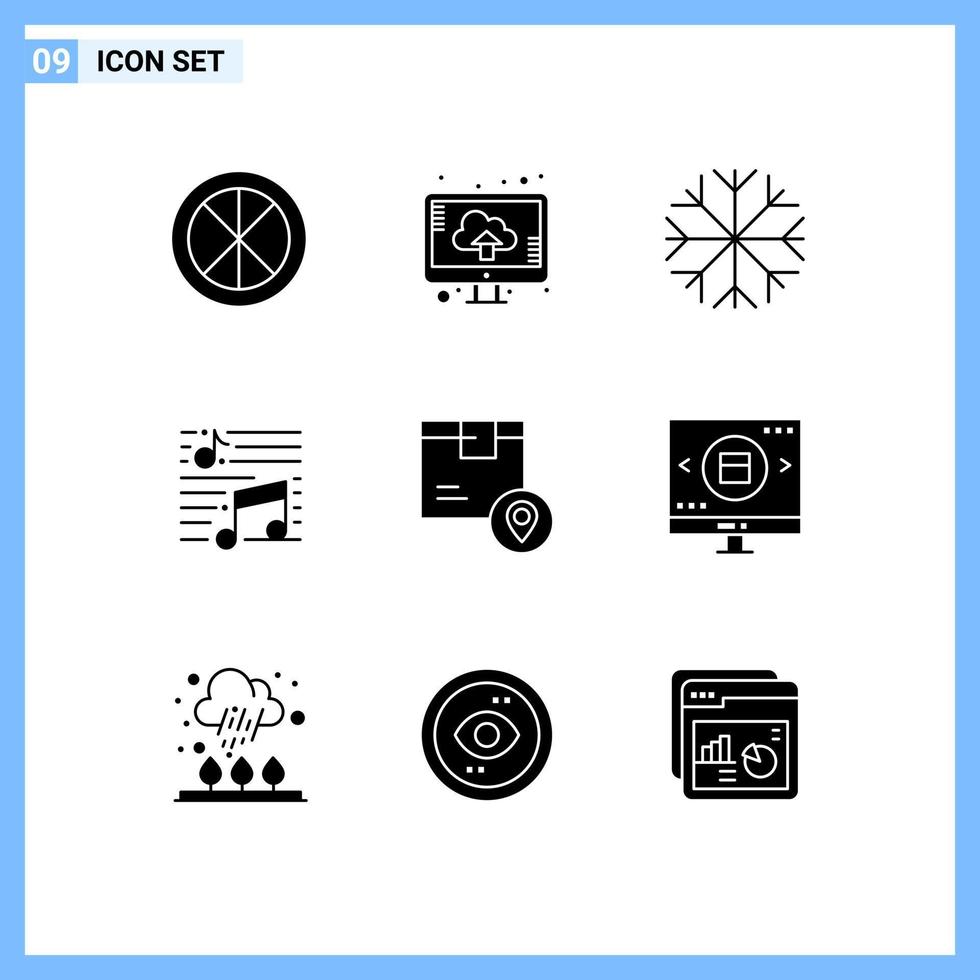 Pack of 9 creative Solid Glyphs of box song upload note music Editable Vector Design Elements