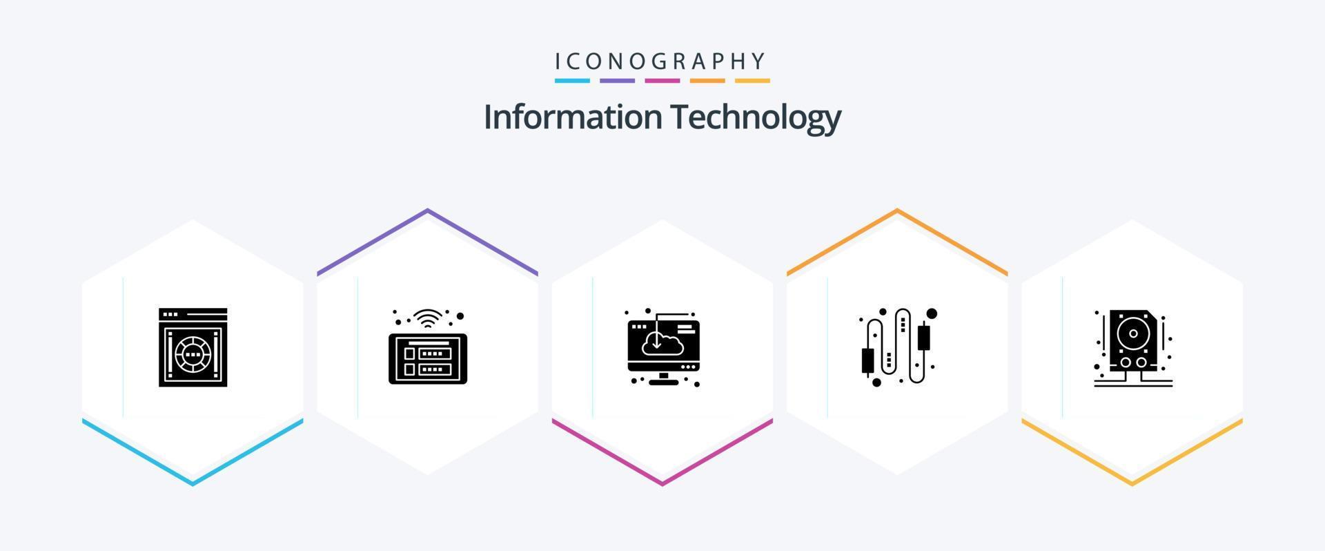 paquete de iconos de 25 glifos de tecnología de la información que incluye computadora. audio. elegante. software. descargar vector