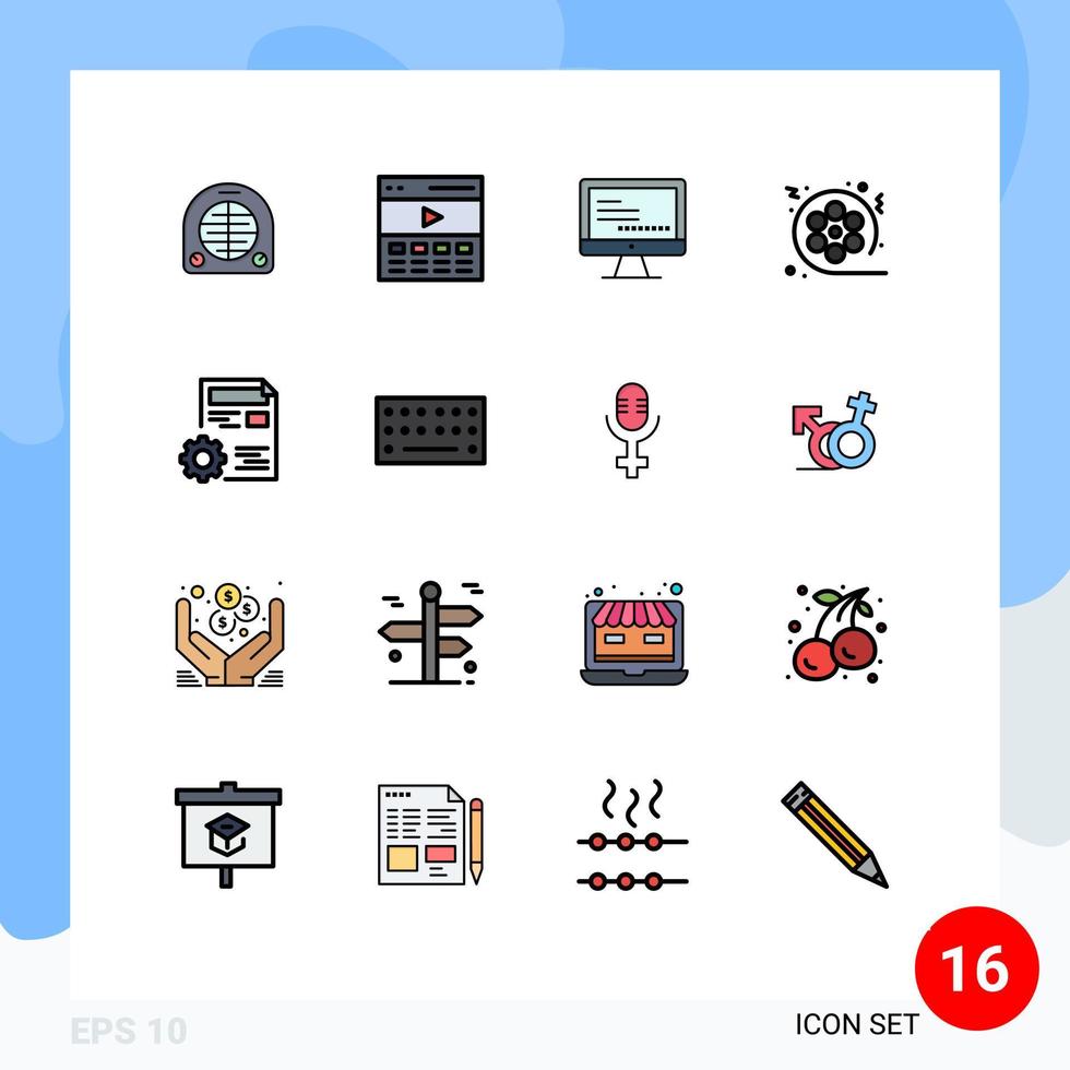 Set of 16 Commercial Flat Color Filled Lines pack for multimedia cinema user movie education Editable Creative Vector Design Elements