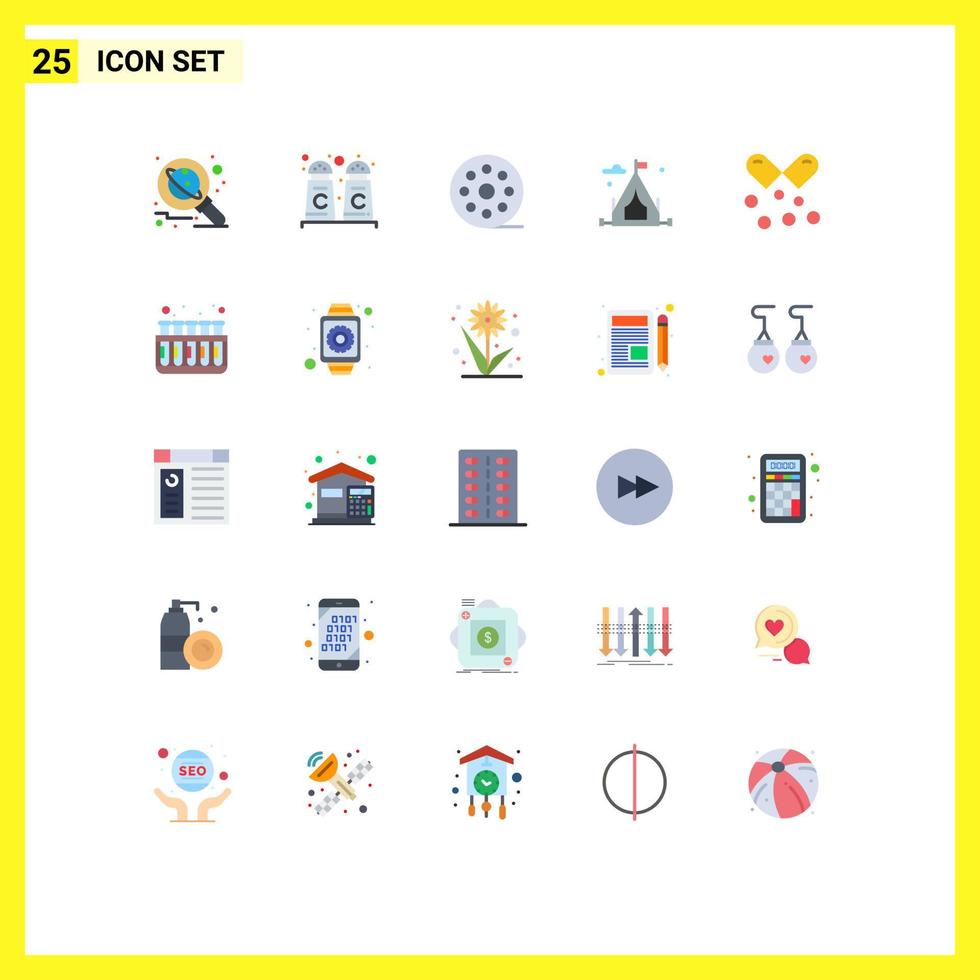 Pictogram Set of 25 Simple Flat Colors of omega oil cinema hobby camping Editable Vector Design Elements