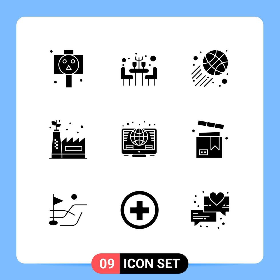 Solid Glyph Pack of 9 Universal Symbols of box investment sports global green factory Editable Vector Design Elements