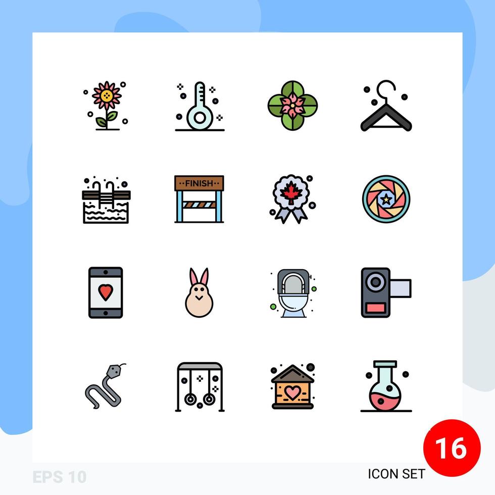 16 Universal Flat Color Filled Lines Set for Web and Mobile Applications water pool medicine hanger spring flower Editable Creative Vector Design Elements
