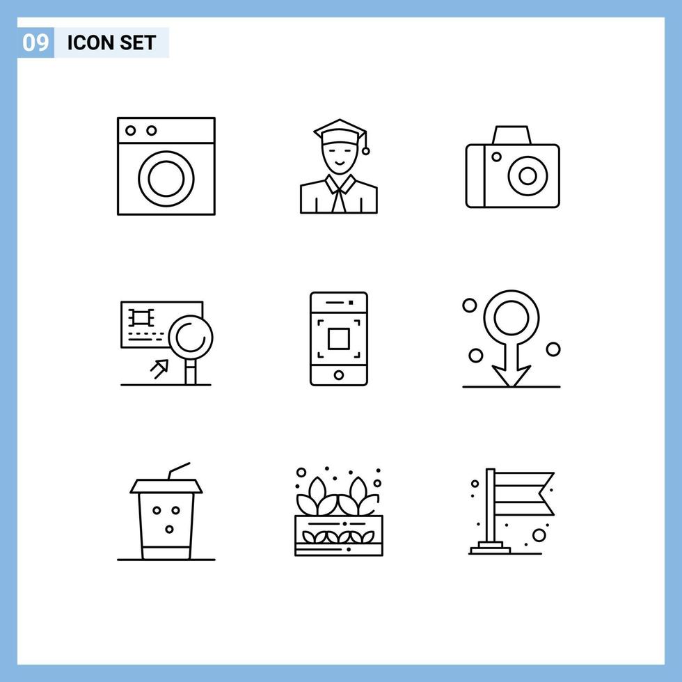 Mobile Interface Outline Set of 9 Pictograms of camera detection learning card analysis Editable Vector Design Elements