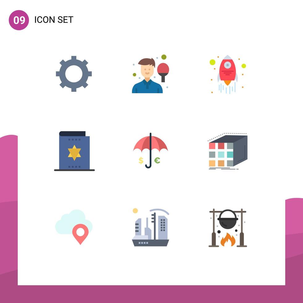 Mobile Interface Flat Color Set of 9 Pictograms of umbrella magician launch magic book harry potter Editable Vector Design Elements