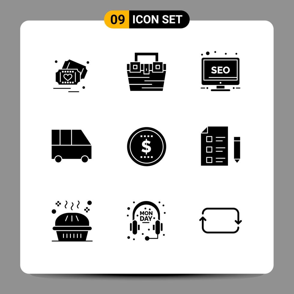 Pack of 9 creative Solid Glyphs of finance minibus toolkit family van monitor Editable Vector Design Elements