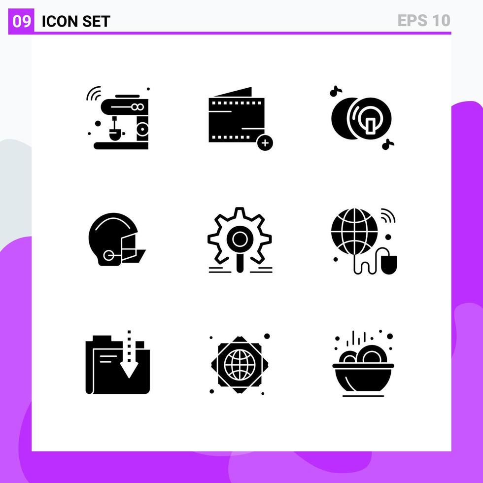 Group of 9 Solid Glyphs Signs and Symbols for protective football wallet equipment multimedia Editable Vector Design Elements