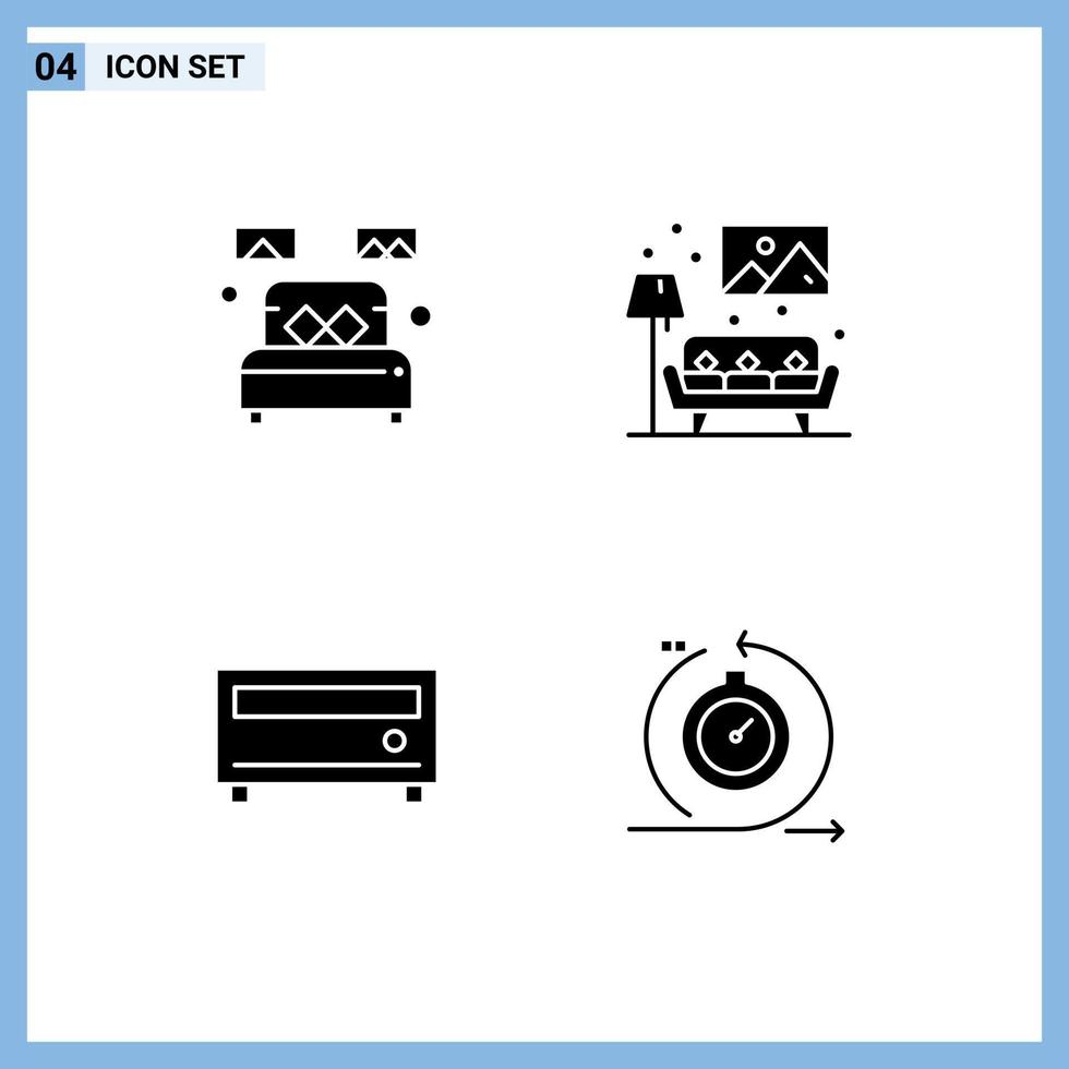 Pack of 4 Modern Solid Glyphs Signs and Symbols for Web Print Media such as bed amplifier sleep living player Editable Vector Design Elements