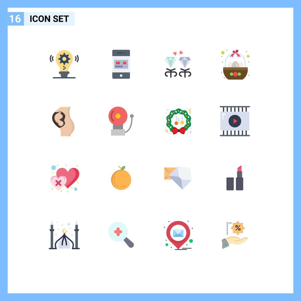 paquete de 16 signos y símbolos de colores planos modernos para medios de impresión web, como el tazón de la tienda de celebración de huevos, paquete editable de elementos de diseño de vectores creativos para mamá