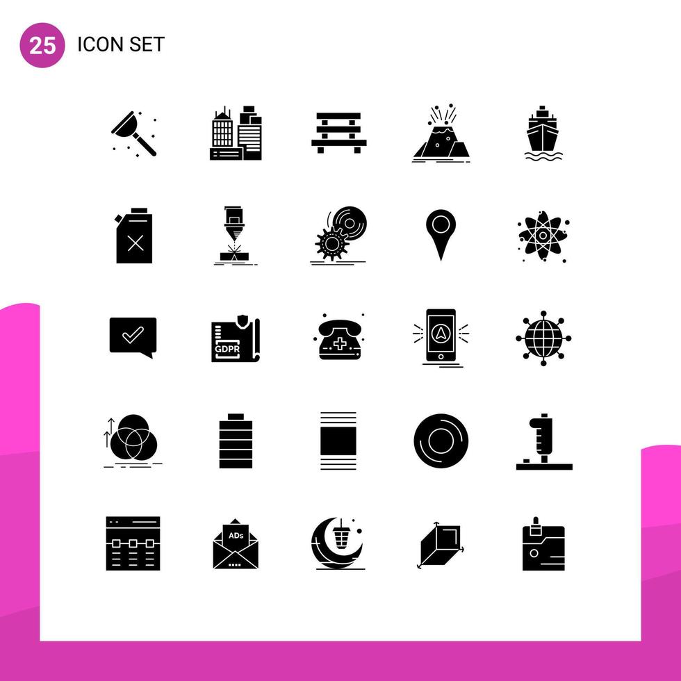 25 User Interface Solid Glyph Pack of modern Signs and Symbols of safety volcano bench eruption sitting Editable Vector Design Elements