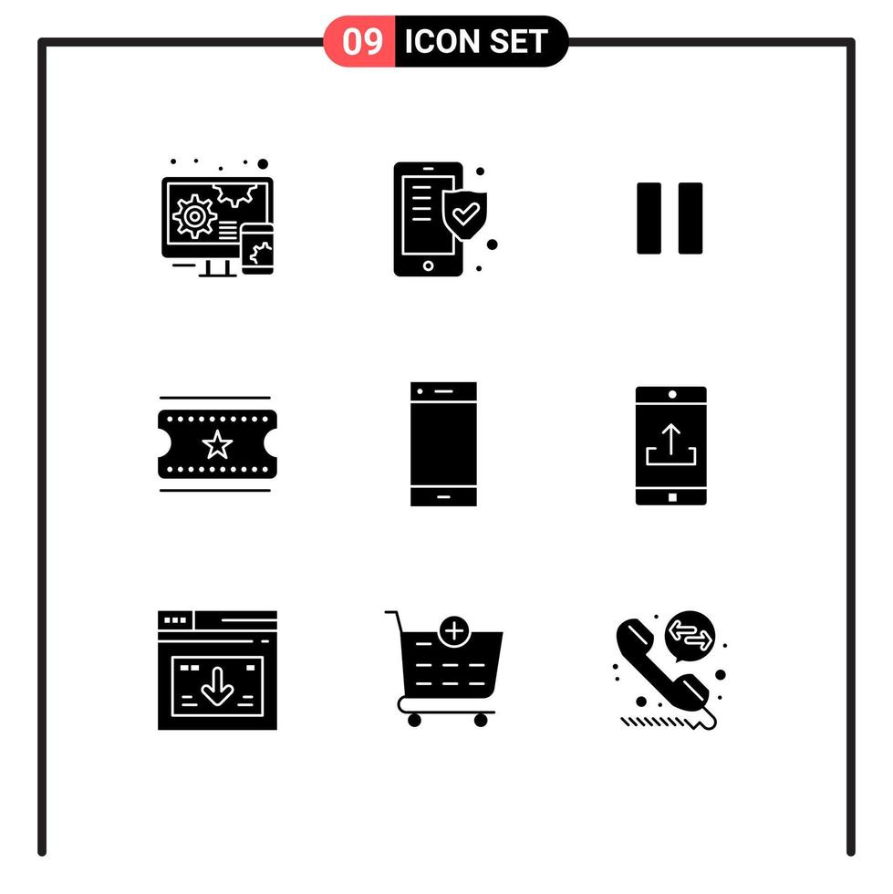 9 Universal Solid Glyph Signs Symbols of ring contact media call film tickets Editable Vector Design Elements