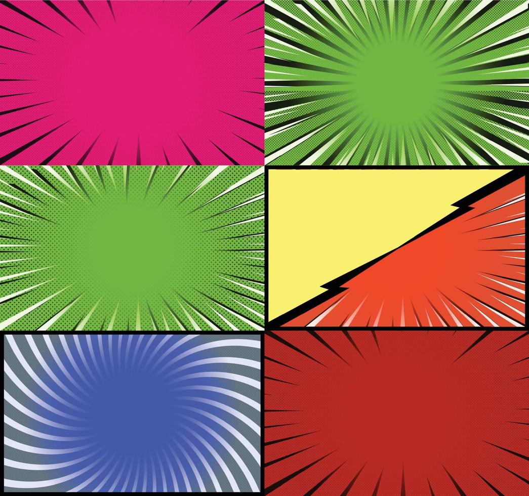 Comic book colorful frames background with halftone rays radial and dotted effects pop art style vector