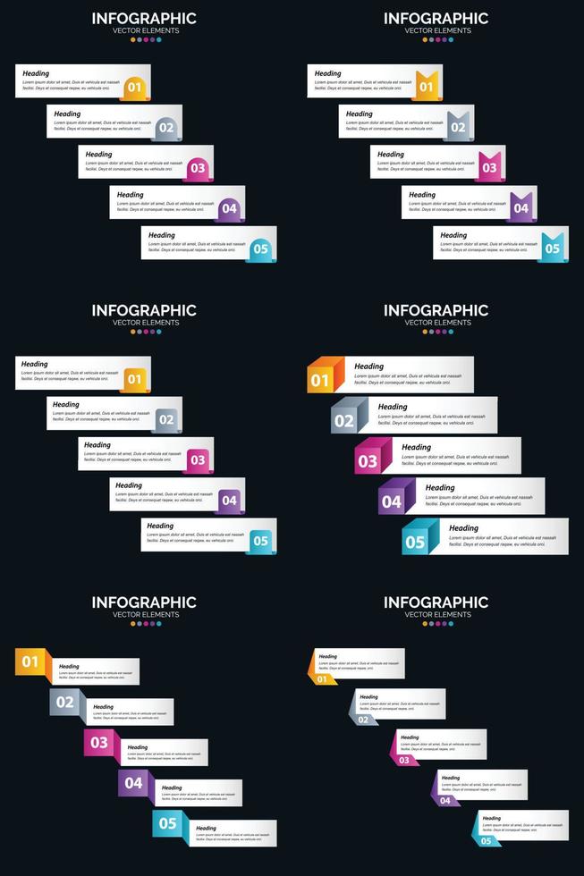 plantilla de diapositiva de presentación del paquete de infografías vectoriales 6 diagramas de ciclo de 5 pasos y líneas de tiempo vector