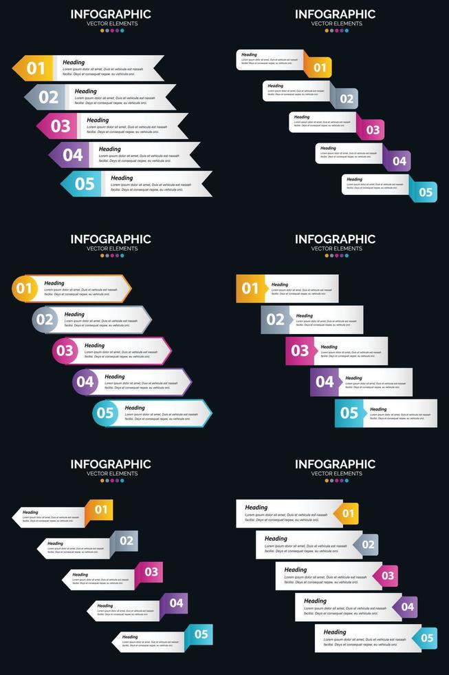 plantilla de diapositiva de presentación del paquete de infografías vectoriales 6 diagramas de ciclo de 5 pasos y líneas de tiempo vector