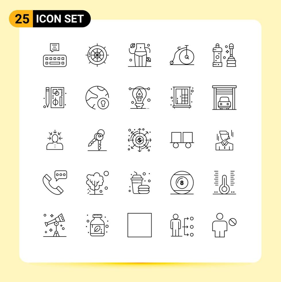 25 Universal Lines Set for Web and Mobile Applications cleaner vehicle diet transportation bike Editable Vector Design Elements