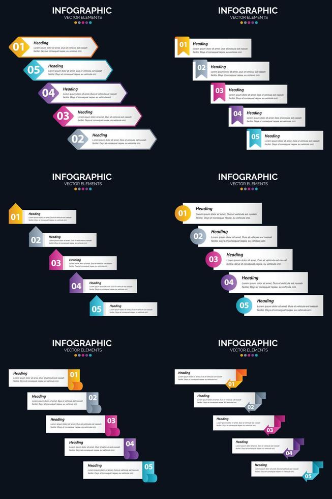 plantilla de diapositiva de presentación del paquete de infografías vectoriales 6 diagramas de ciclo de 5 pasos y líneas de tiempo vector