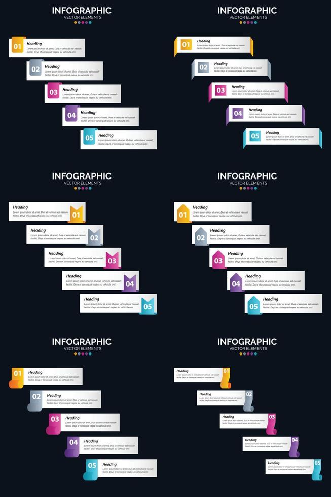 plantilla de diapositiva de presentación del paquete de infografías vectoriales 6 diagramas de ciclo de 5 pasos y líneas de tiempo vector