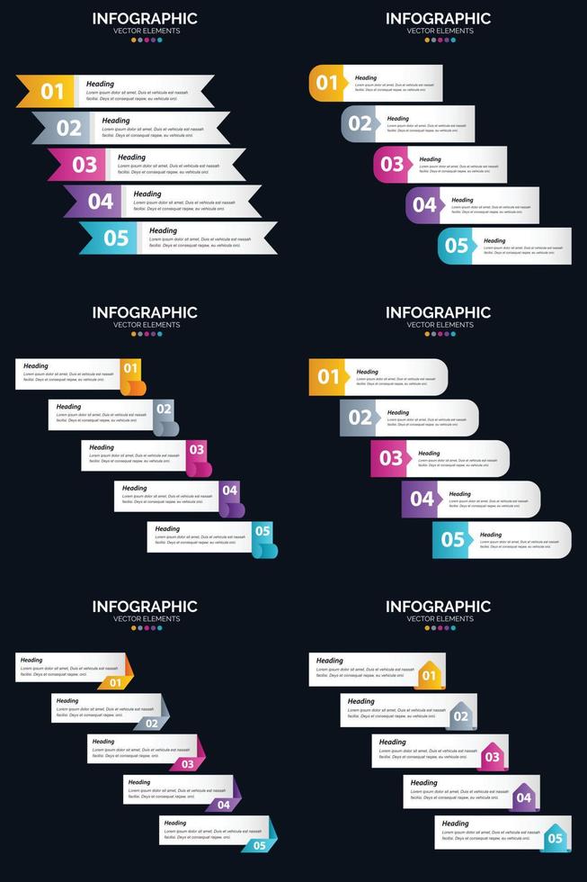 plantilla de diapositiva de presentación del paquete de infografías vectoriales 6 diagramas de ciclo de 5 pasos y líneas de tiempo vector