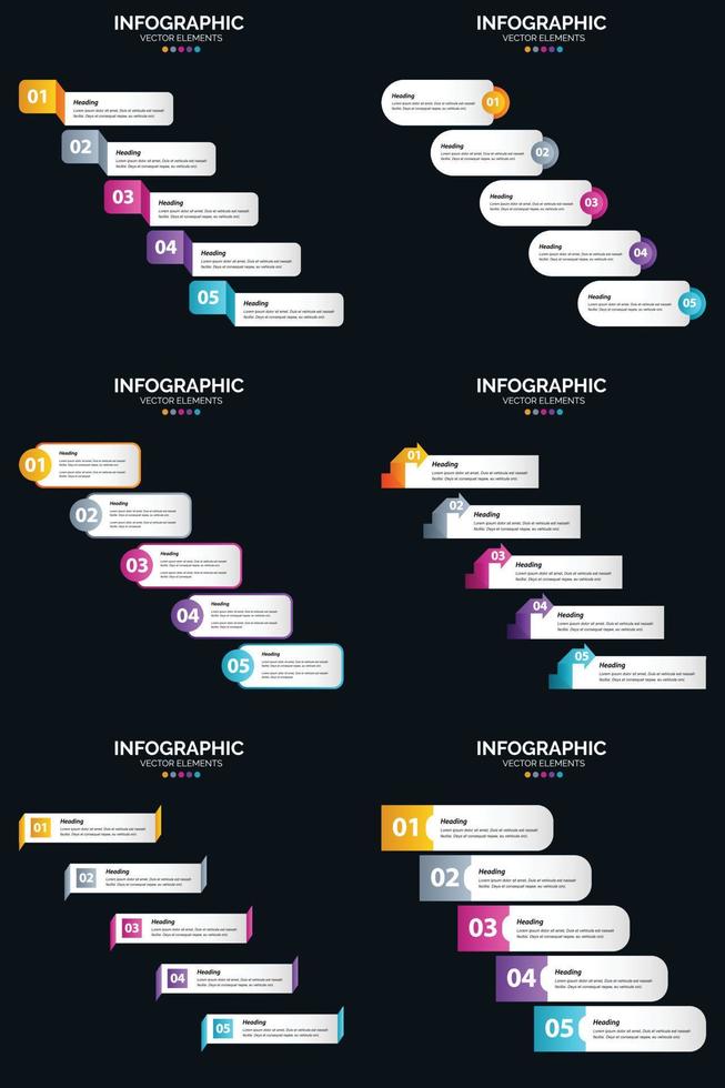 plantilla de diapositiva de presentación del paquete de infografías vectoriales 6 diagramas de ciclo de 5 pasos y líneas de tiempo vector