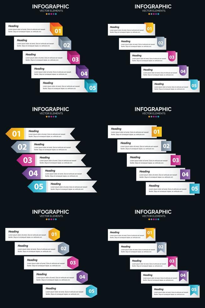 plantilla de diapositiva de presentación del paquete de infografías vectoriales 6 diagramas de ciclo de 5 pasos y líneas de tiempo vector