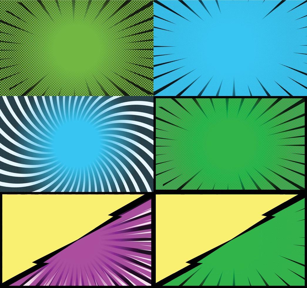 Comic book colorful frames background with halftone rays radial and dotted effects pop art style vector