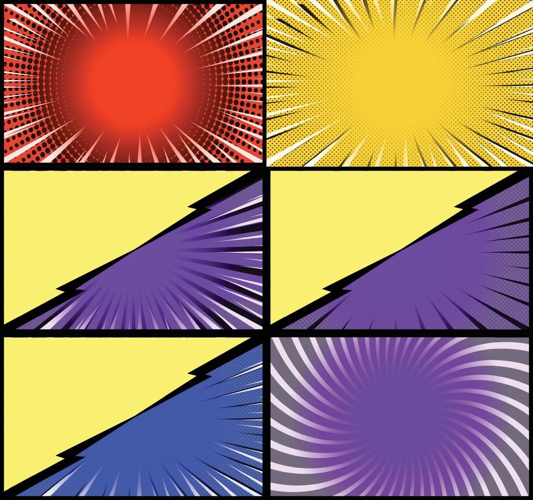 Comic book colorful frames background with halftone rays radial and dotted effects pop art style vector