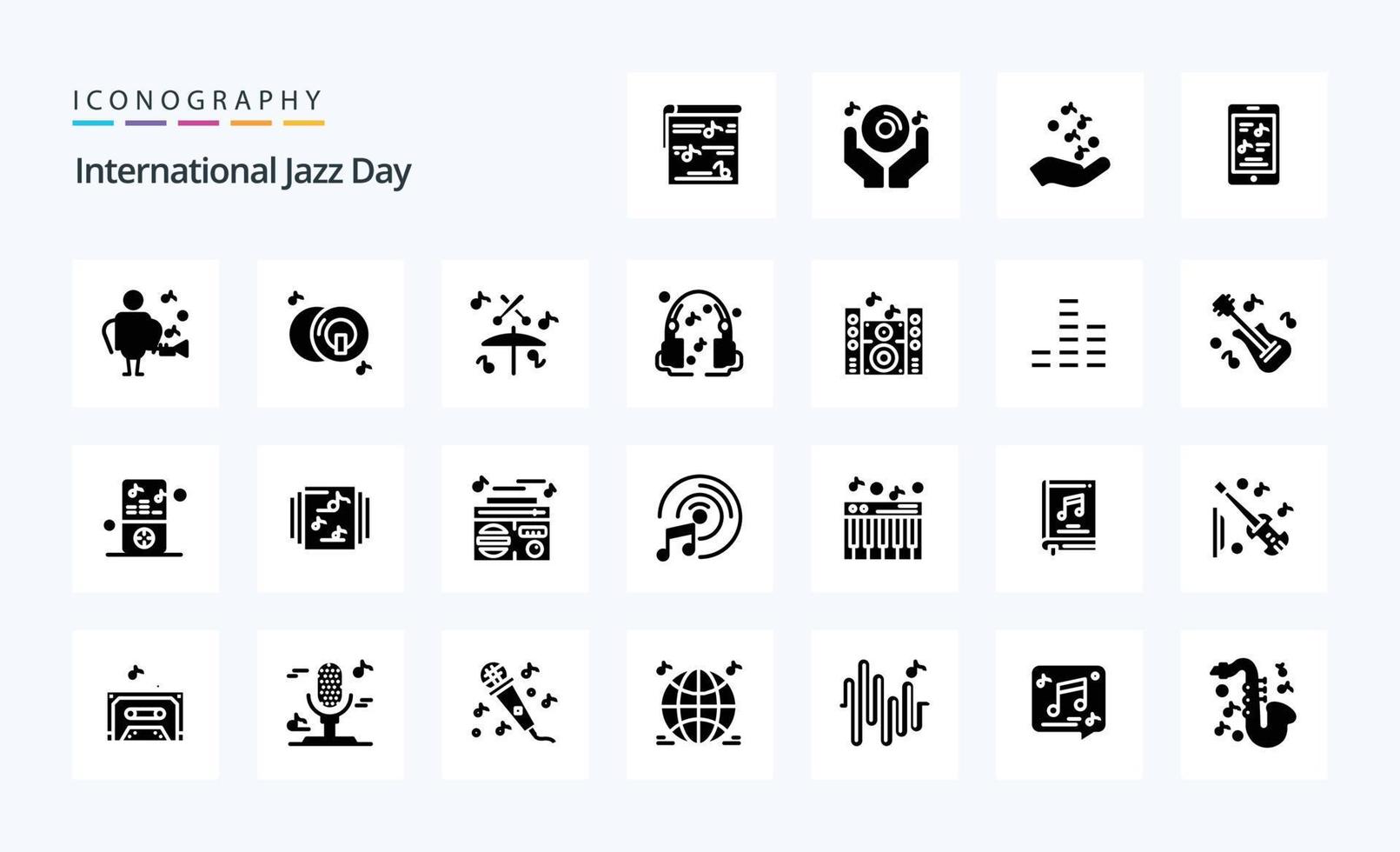 paquete de iconos de glifos sólidos del día internacional del jazz 25 vector