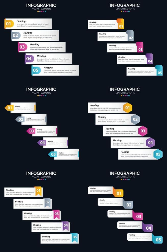 plantilla de diapositiva de presentación del paquete de infografías vectoriales 6 diagramas de ciclo de 5 pasos y líneas de tiempo vector