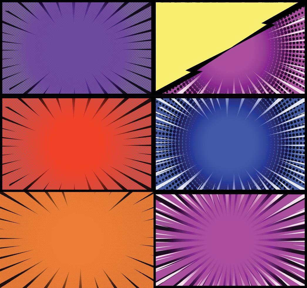 Comic book colorful frames background with halftone rays radial and dotted effects pop art style vector