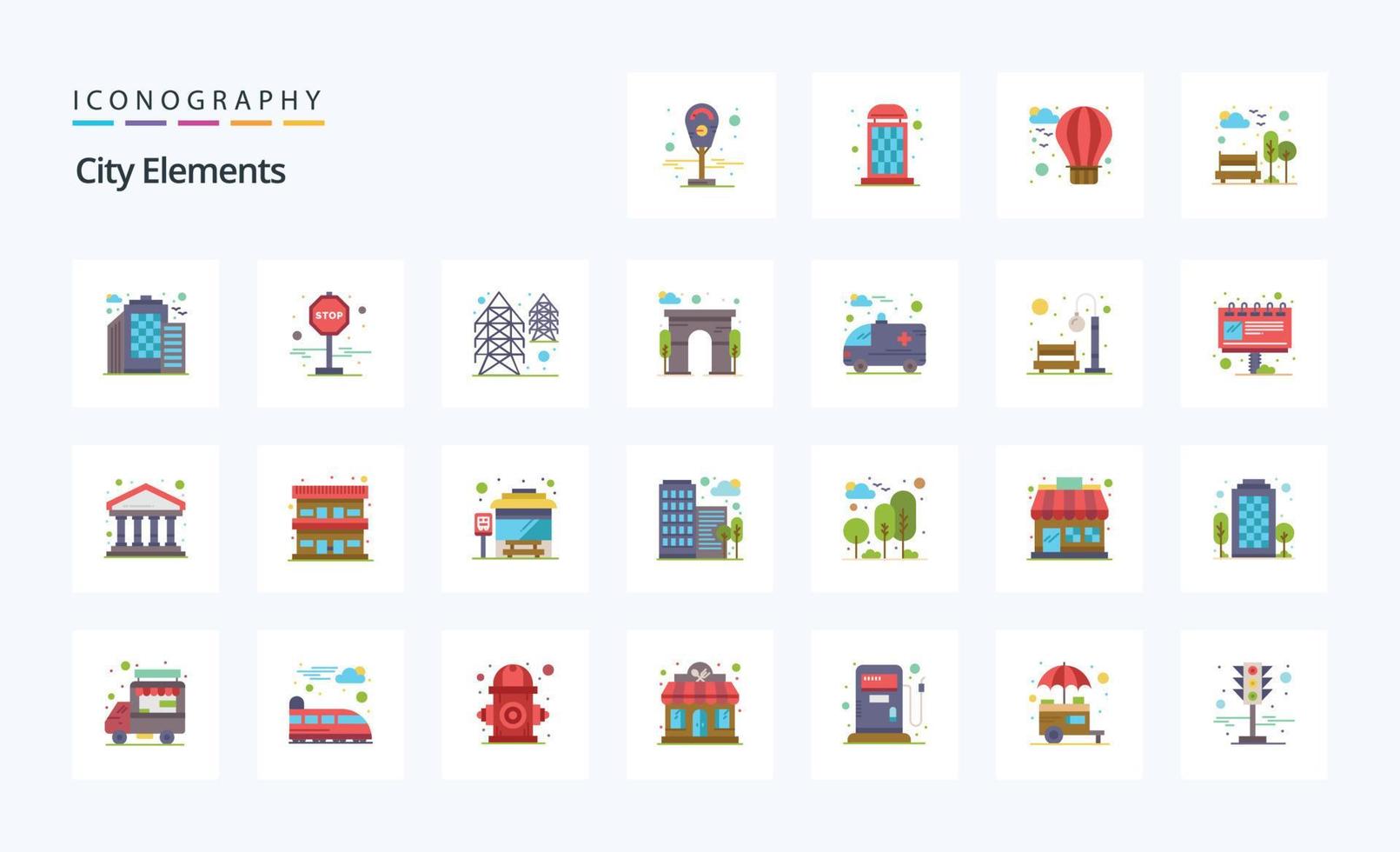 25 City Elements Flat color icon pack vector