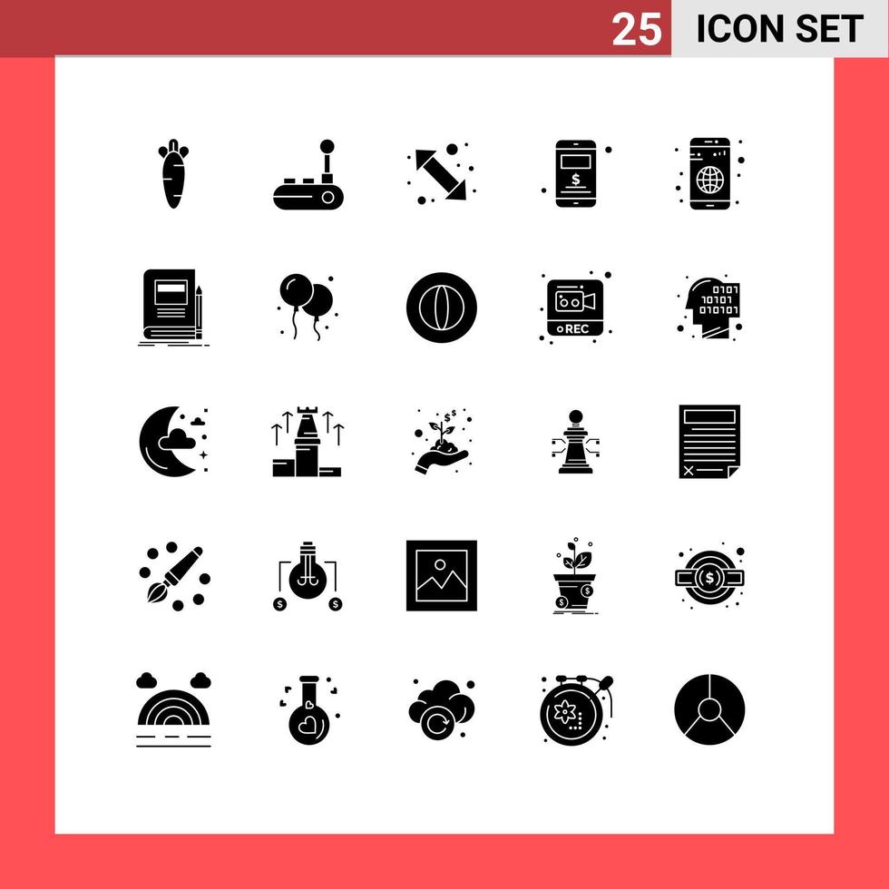 Set of 25 Commercial Solid Glyphs pack for application dollar arrow server up right Editable Vector Design Elements