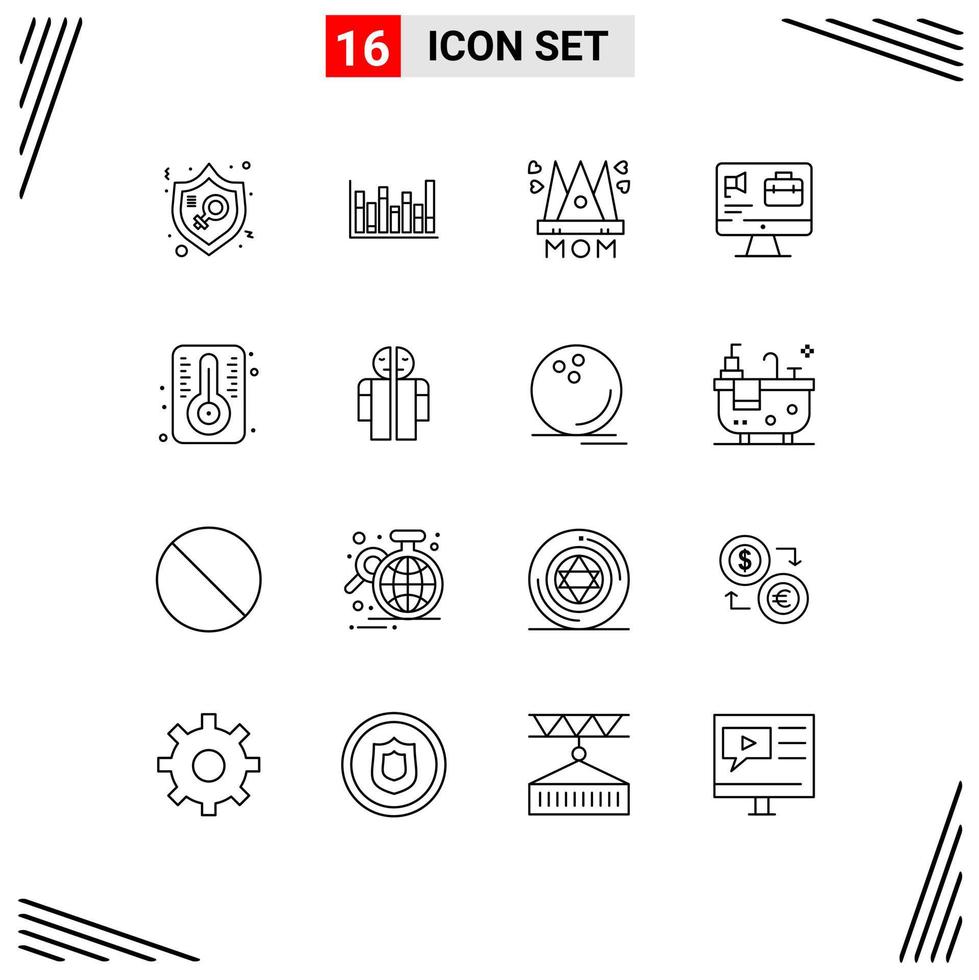 Pack of 16 Modern Outlines Signs and Symbols for Web Print Media such as job bag down computer mother Editable Vector Design Elements