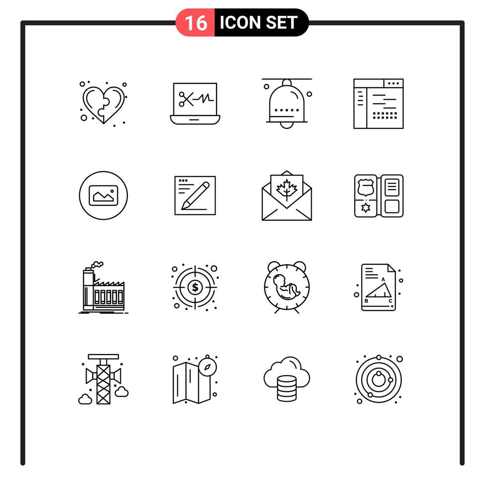 grupo de símbolos de icono universal de 16 contornos modernos de desarrollo de fuente anillo de diseño de alarma elementos de diseño vectorial editables vector
