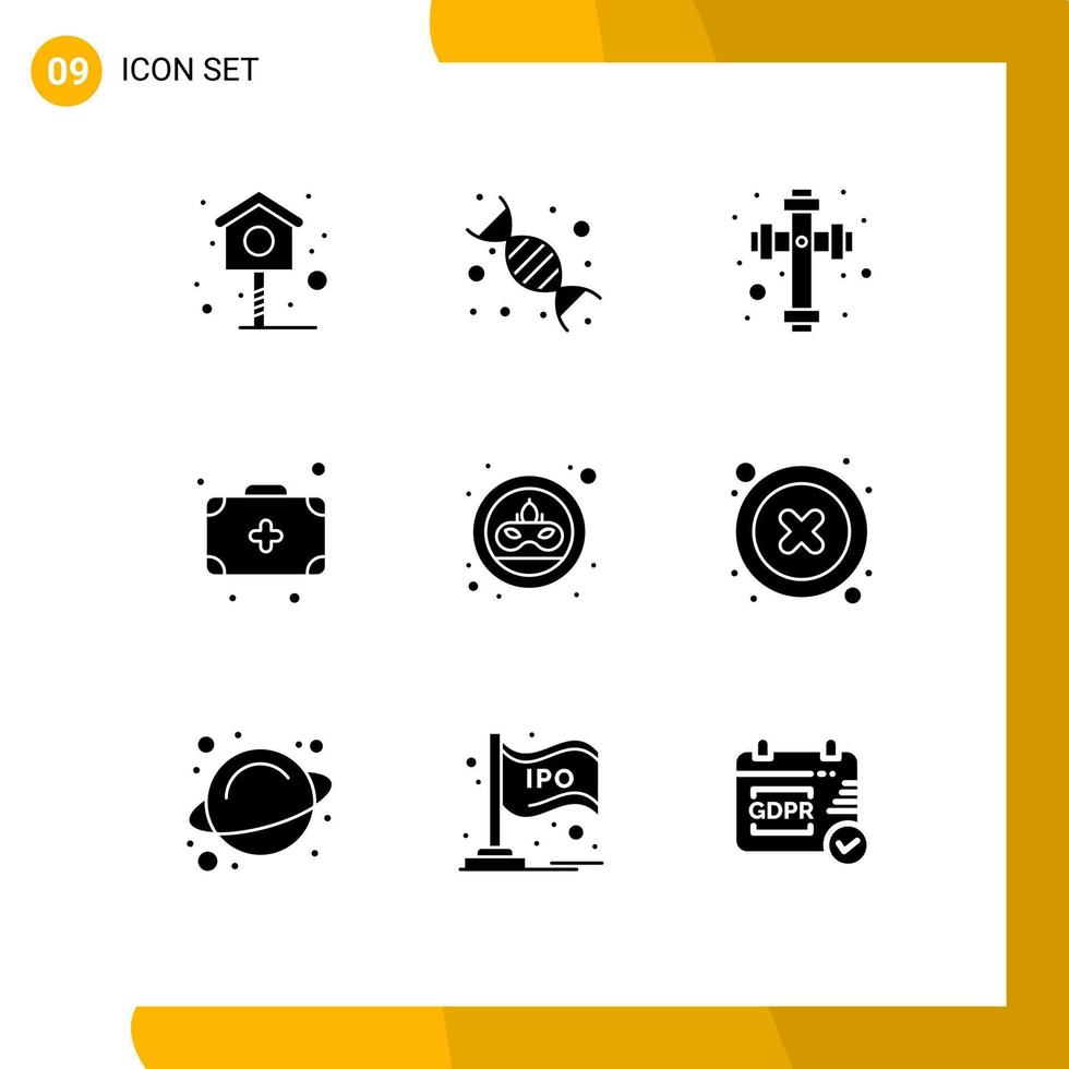 Mobile Interface Solid Glyph Set of 9 Pictograms of mask coin celebration carnival camping Editable Vector Design Elements