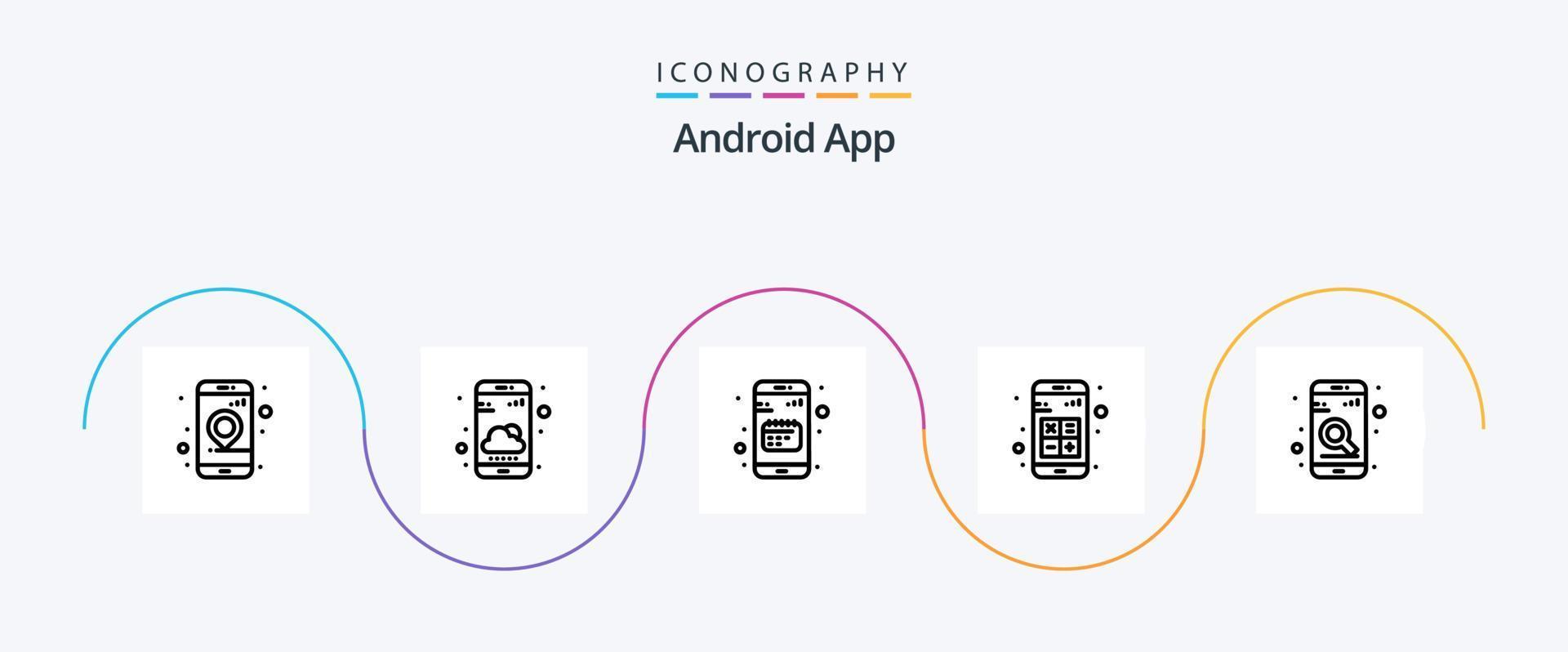 paquete de iconos de la línea 5 de la aplicación de Android que incluye interacción. aplicaciones agenda. aplicación móvil vector