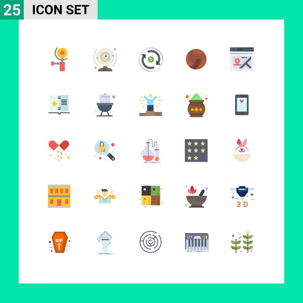 conjunto moderno de 25 pictogramas de colores planos de elementos de diseño de vectores editables de dinero de volea de circulación de voleibol web