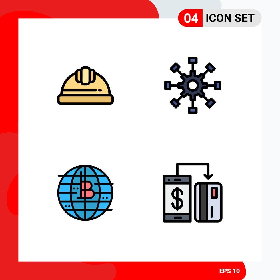 Modern Set of 4 Filledline Flat Colors Pictograph of cap future of money labour helmet collaboration currency Editable Vector Design Elements