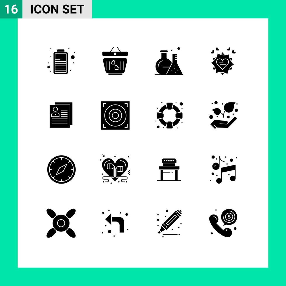 Solid Glyph Pack of 16 Universal Symbols of contact profile flask heart card Editable Vector Design Elements